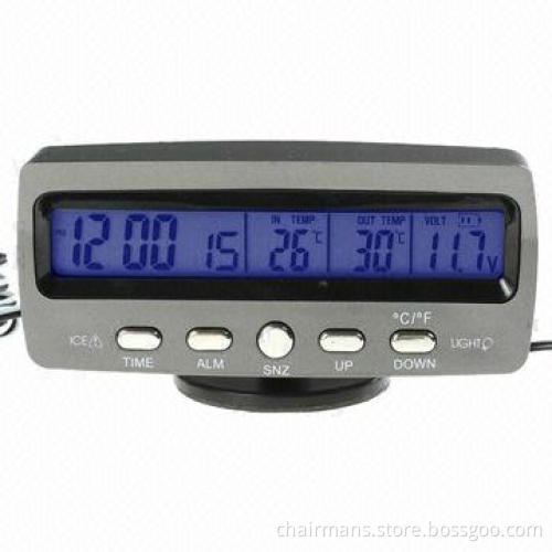 Luminous LED Car Clock with Thermometer, Voltmeter, 12/24-hour Switch, Sized 11 x 6 x 4cm